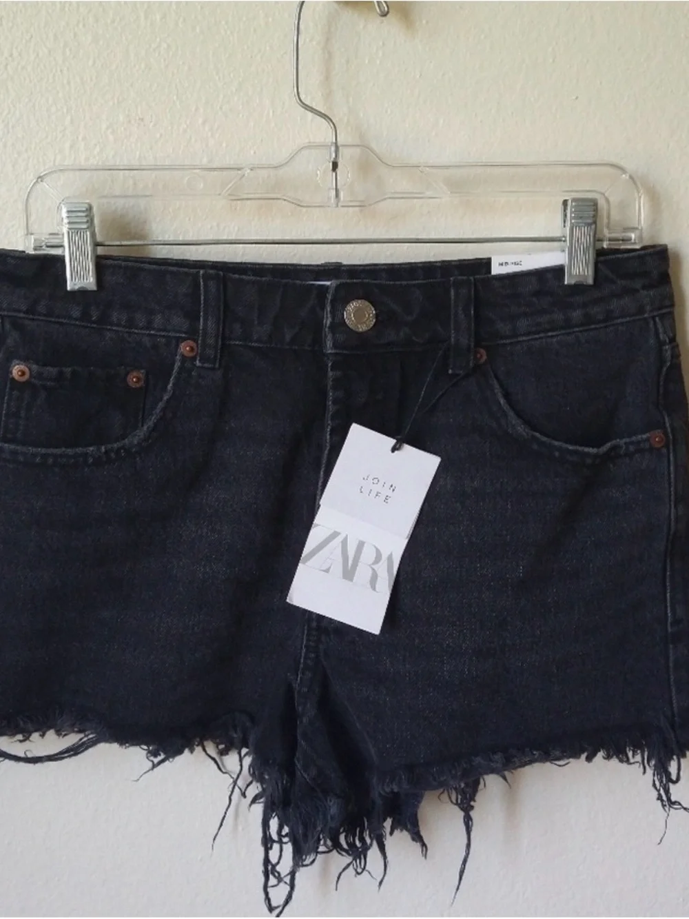 Zara Black High-Rise Frayed Hem Denim Shorts